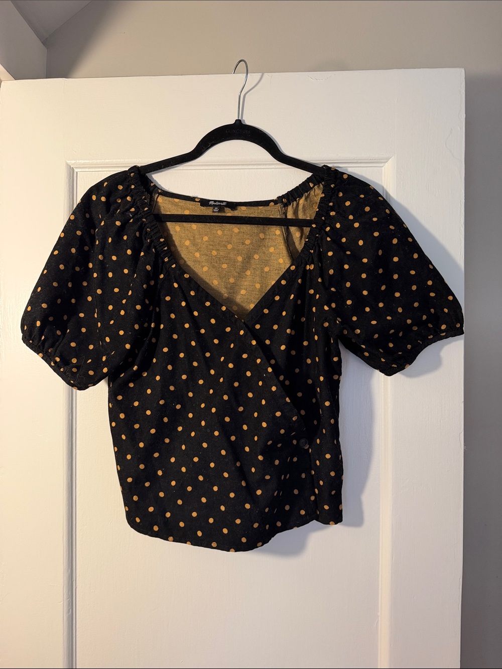 Black & Gold Polka Dot Puff-Sleeve Wrap Top - Madewell - XS